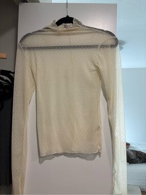 Free People Cream Sheer Dotted Mock Neck Top